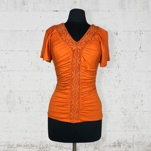 Postcard Anthropologie Ruched V-Neck Blouse Orange Crochet